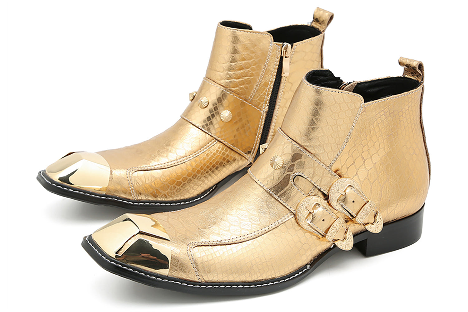 Men's Metal Square Toe Double Buckles Western Boots