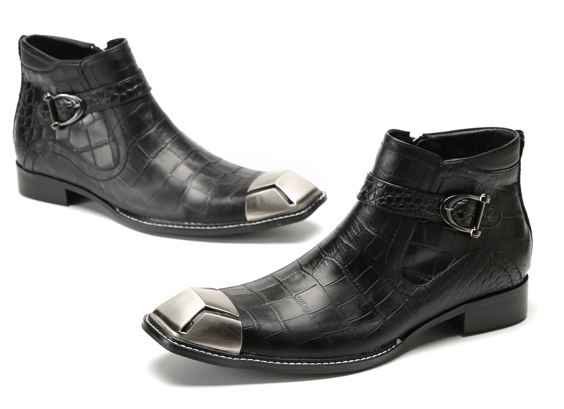 Men's Metal-Square Toe Zipper Buckle Western Boots