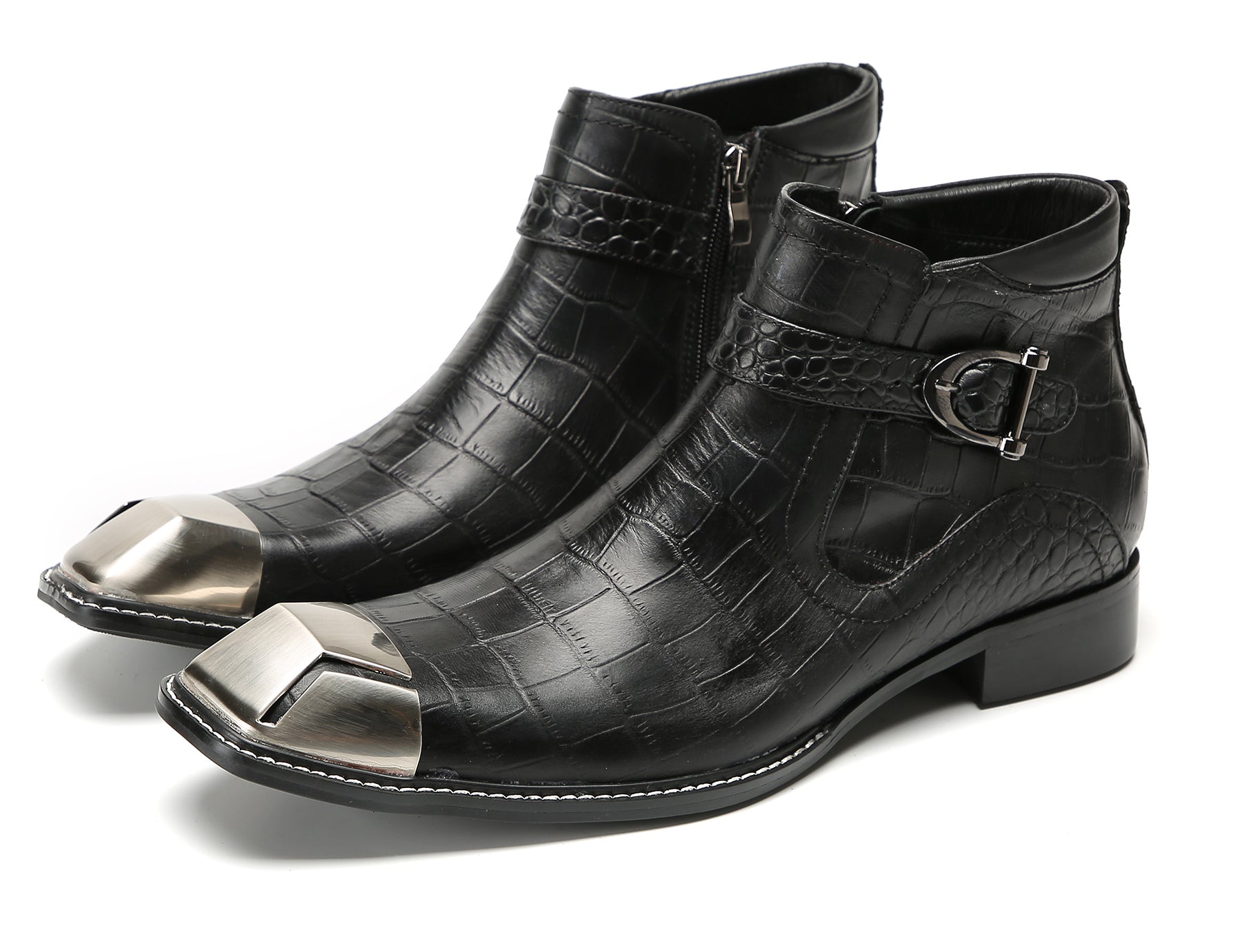Men's Metal-Square Toe Zipper Buckle Western Boots