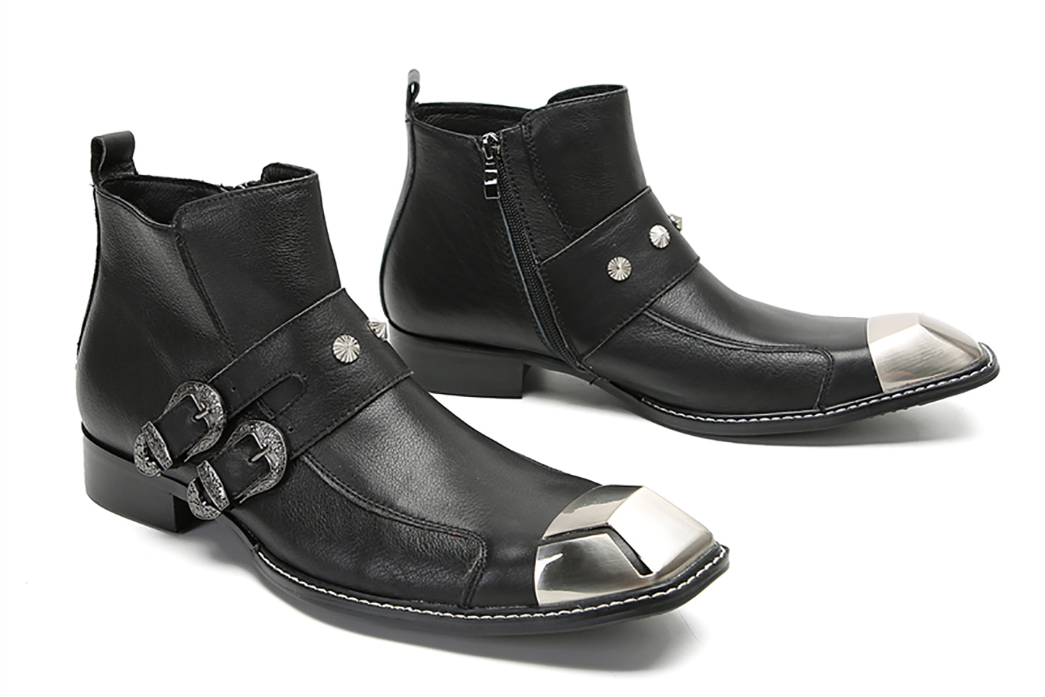 Men's Metal Square Toe Double Buckles Western Boots