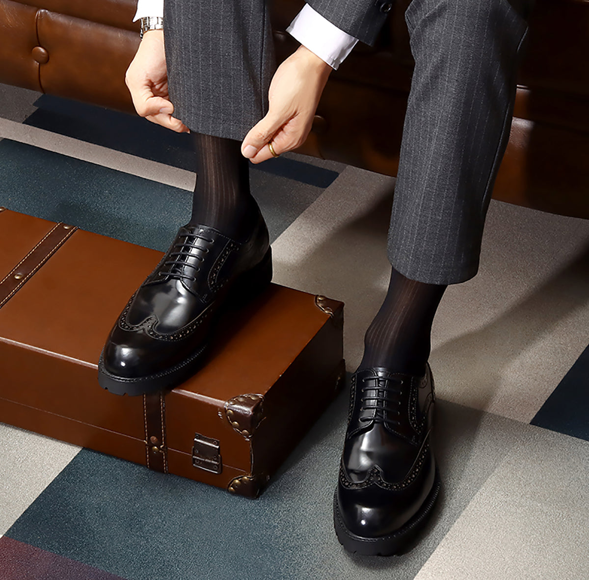 Vestido de cuero genuino para hombre Oxfords formales con puntas de ala