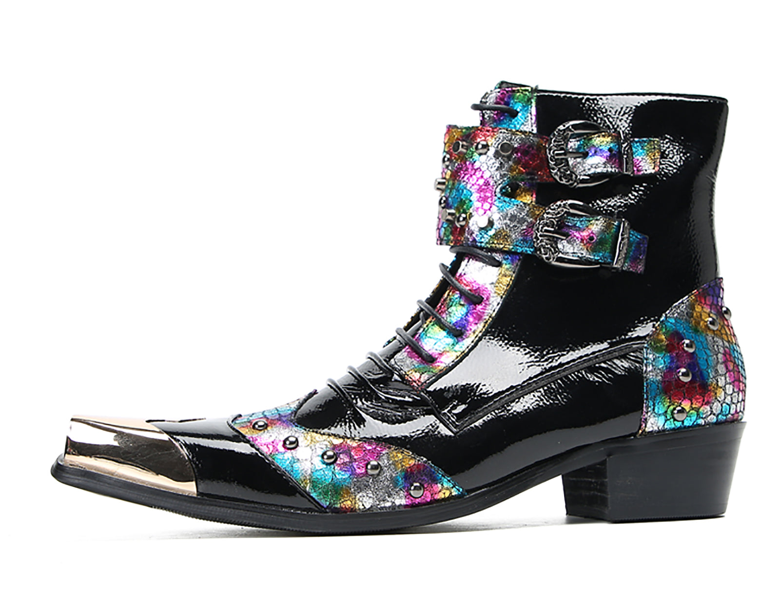 Men's Metal Square-Toe Buckle Colorful Western Boots