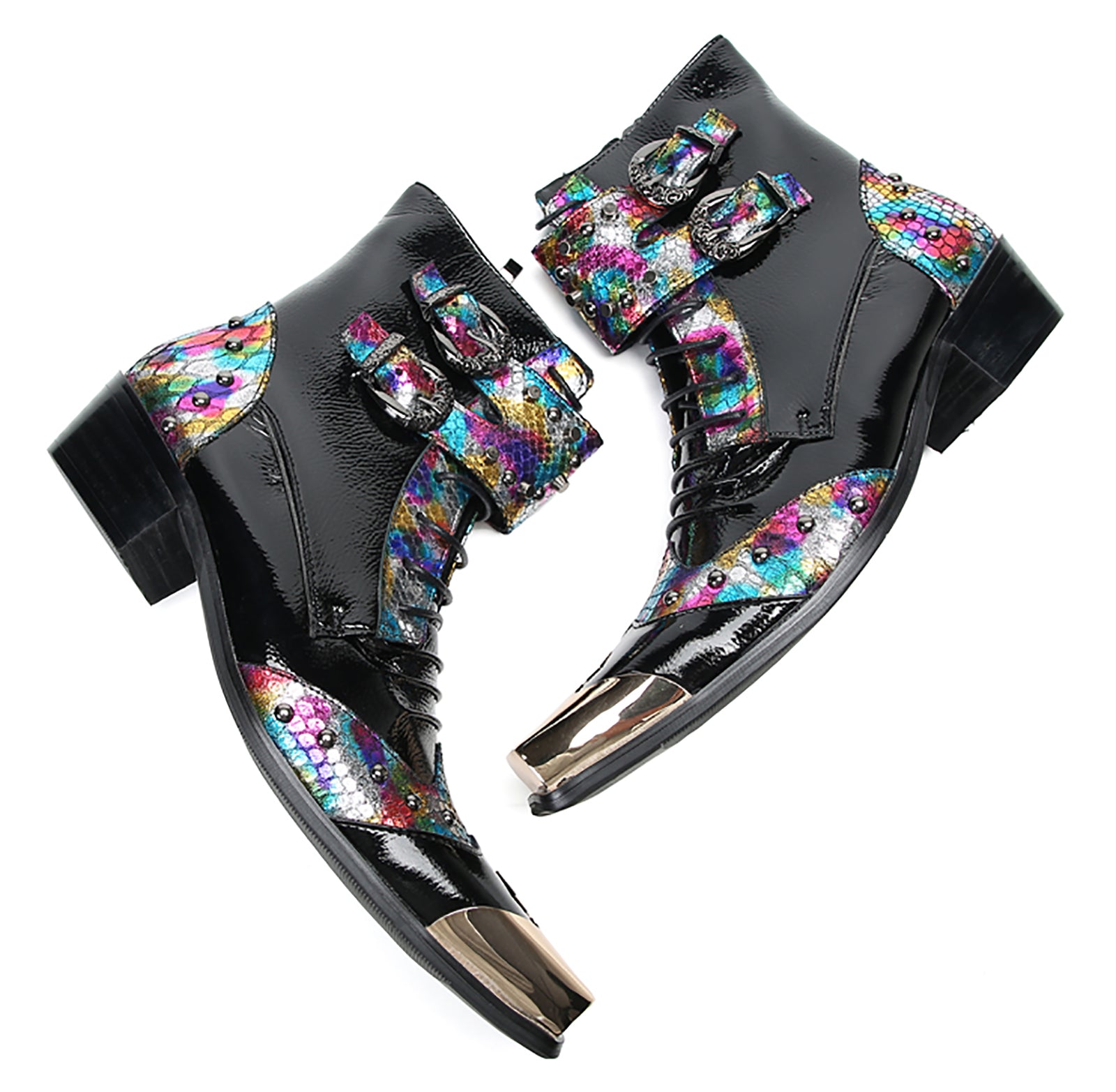 Men's Metal Square-Toe Buckle Colorful Western Boots