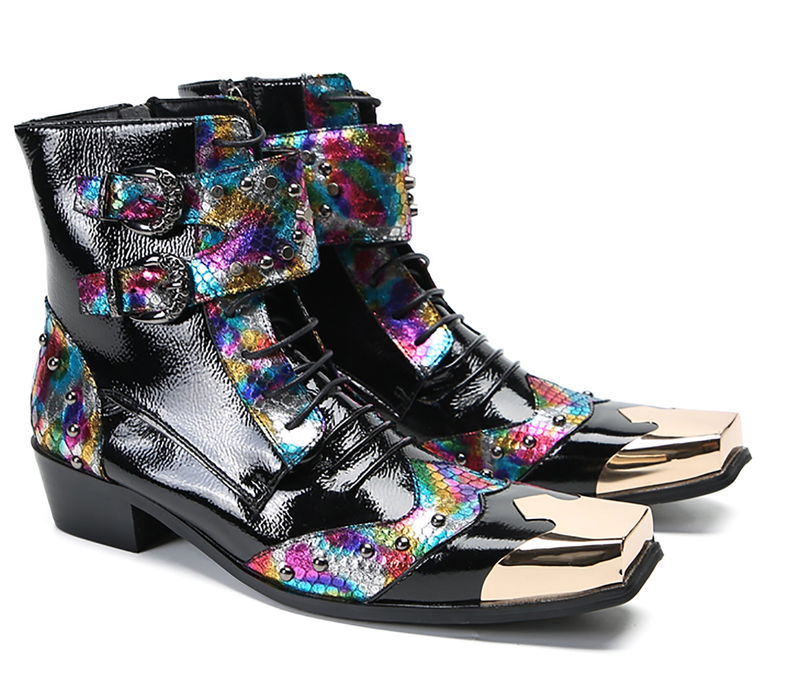 Men's Metal Square-Toe Buckle Colorful Western Boots