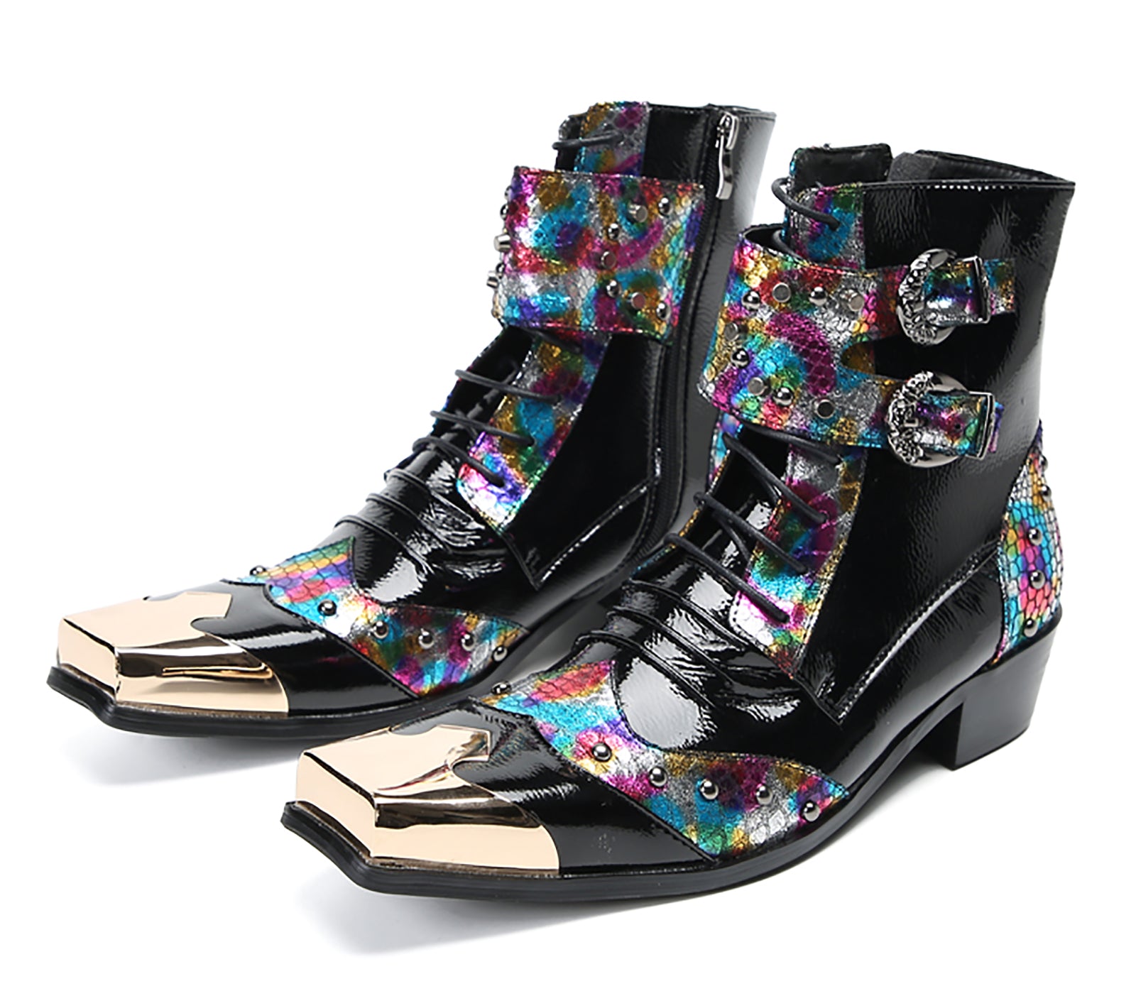 Men's Metal Square-Toe Buckle Colorful Western Boots