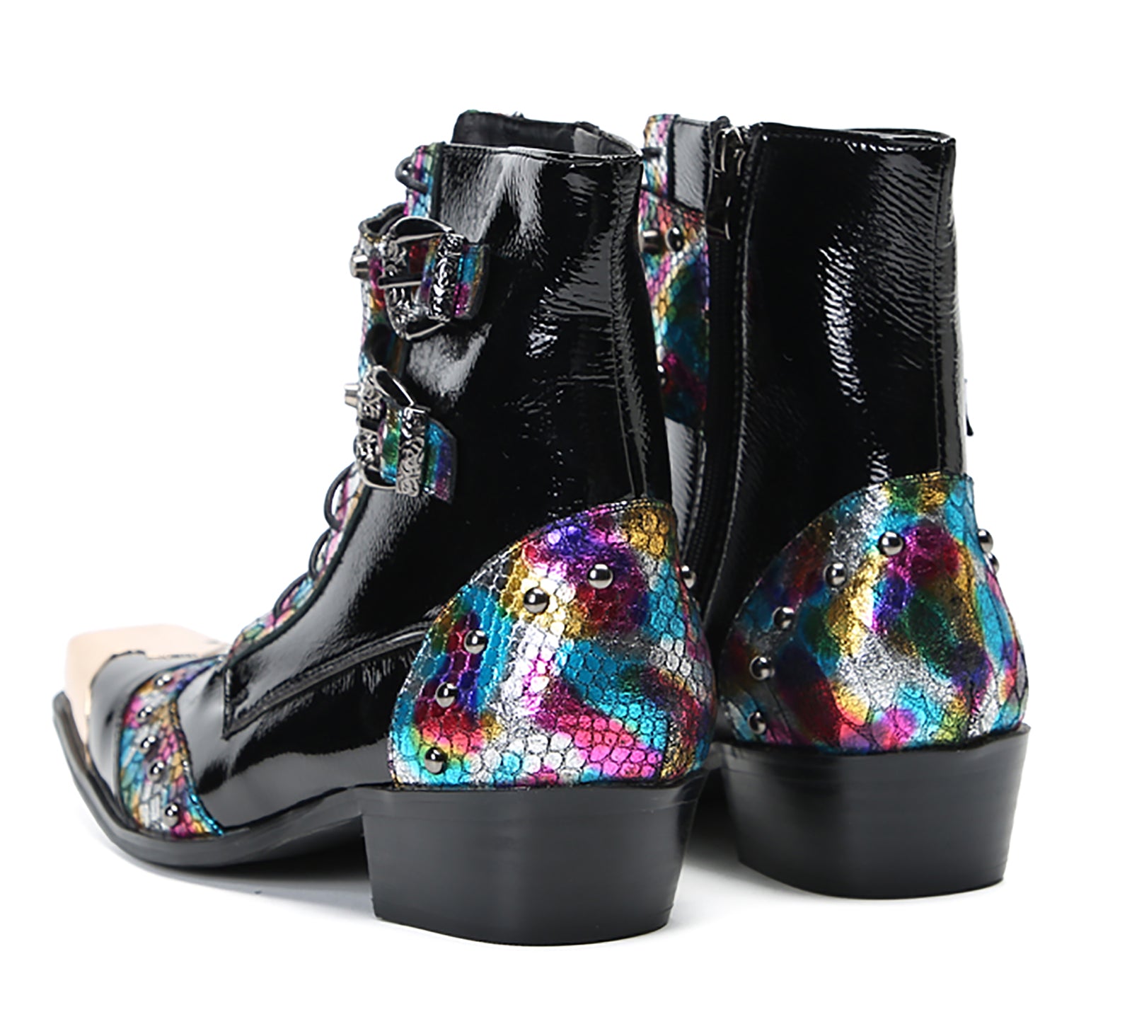 Men's Metal Square-Toe Buckle Colorful Western Boots