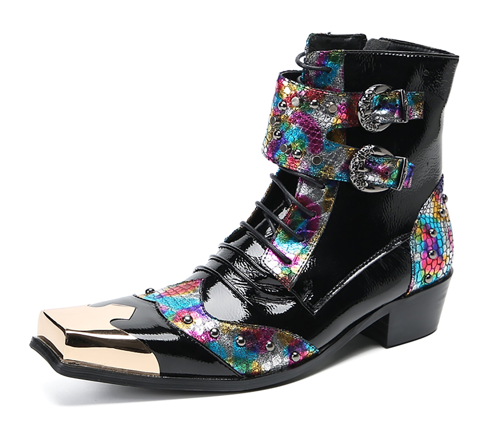 Men's Metal Square-Toe Buckle Colorful Western Boots