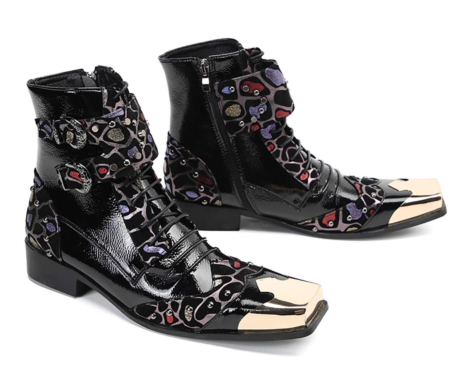 Men's Metal Square-Toe Buckle Colorful Western Boots