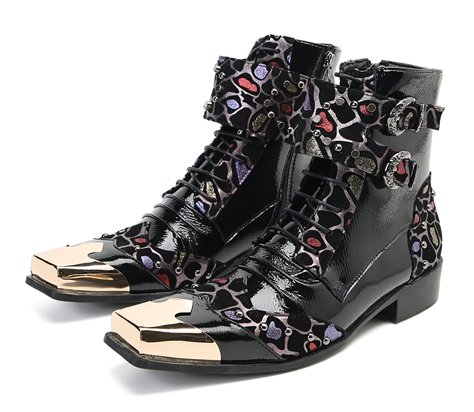 Men's Metal Square-Toe Buckle Colorful Western Boots