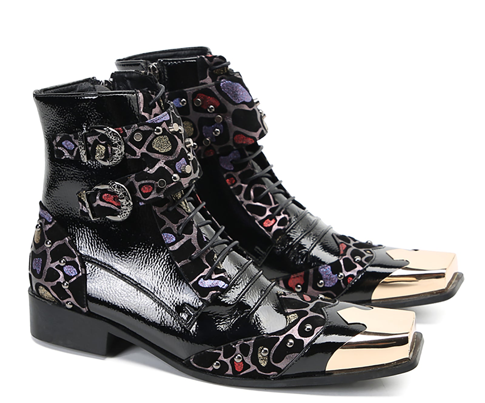 Men's Metal Square-Toe Buckle Colorful Western Boots