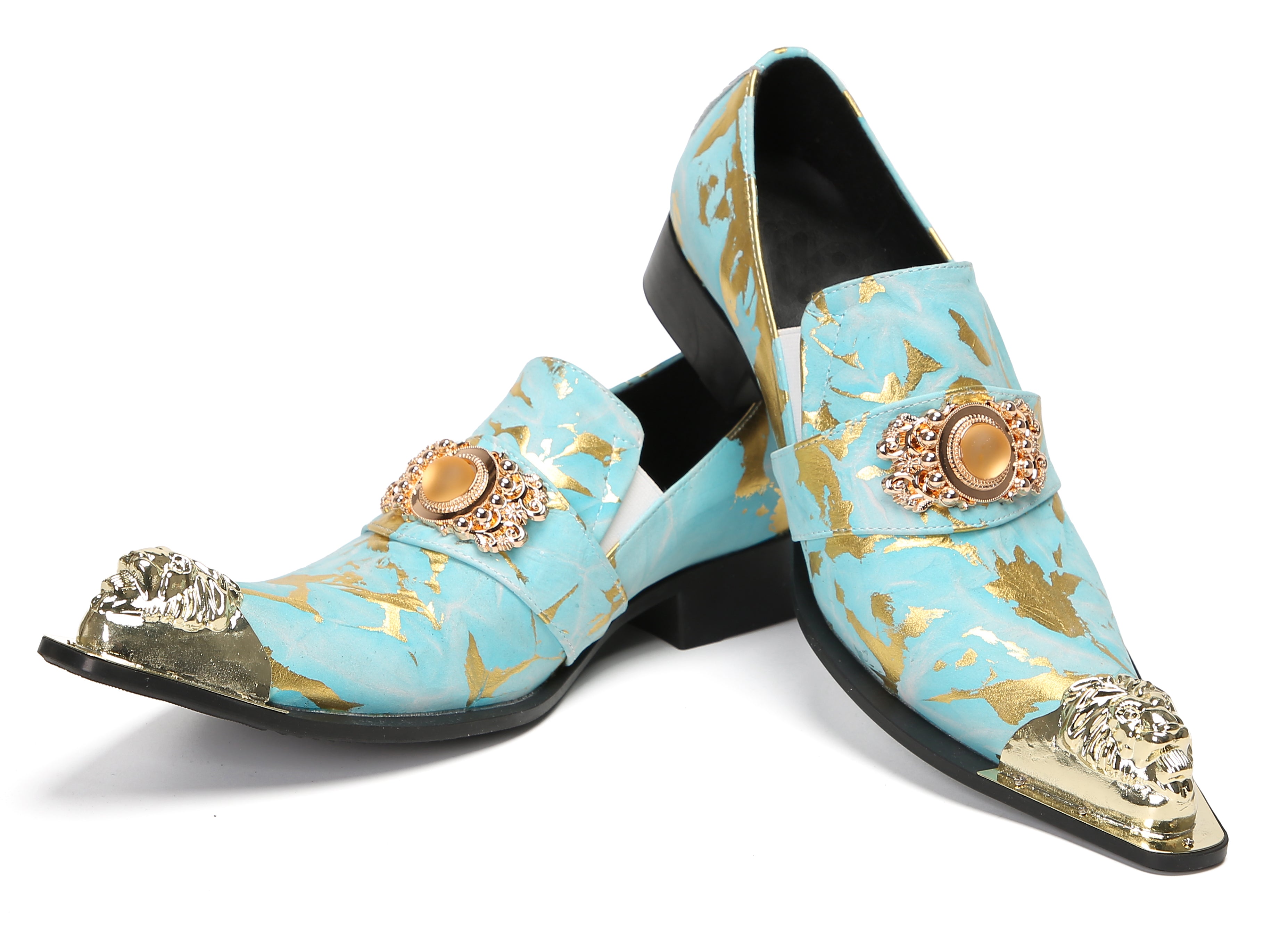 Mens Dress Meal Tip Western Loafers-Gold Diamond