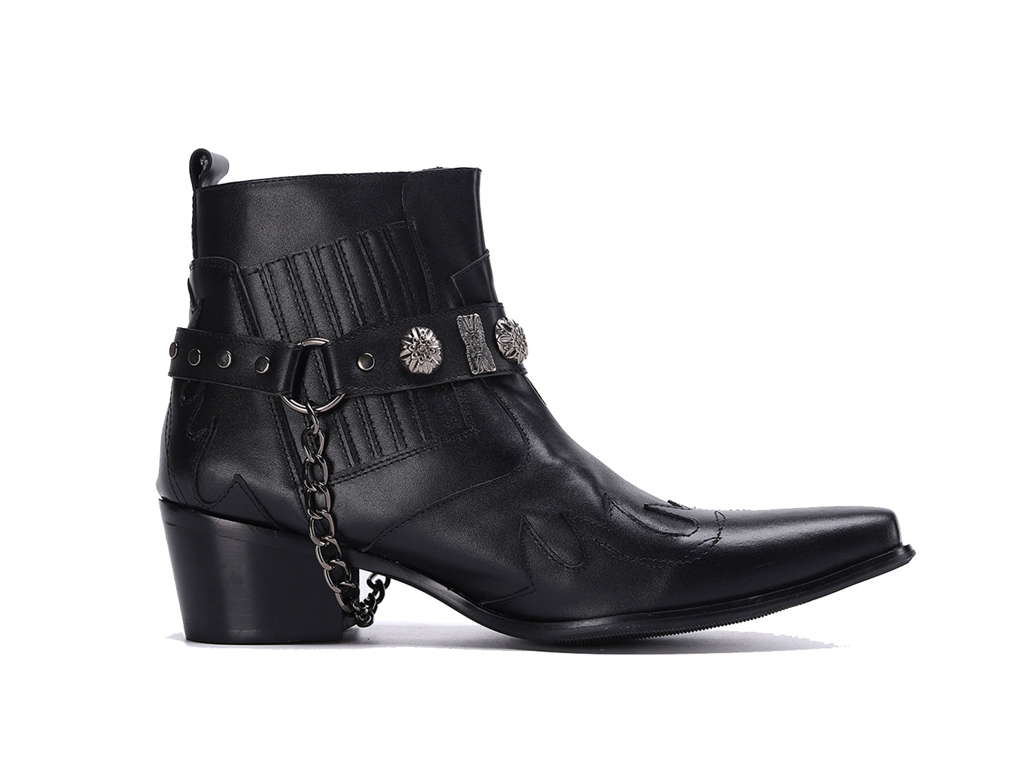 Men's Western Boots Pointed Toe Buckle Belt Chain