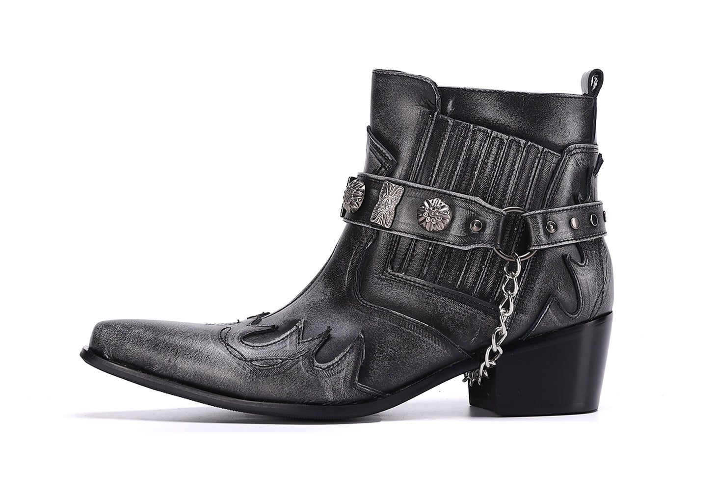 Men's Western Boots Pointed Toe Buckle Belt Chain