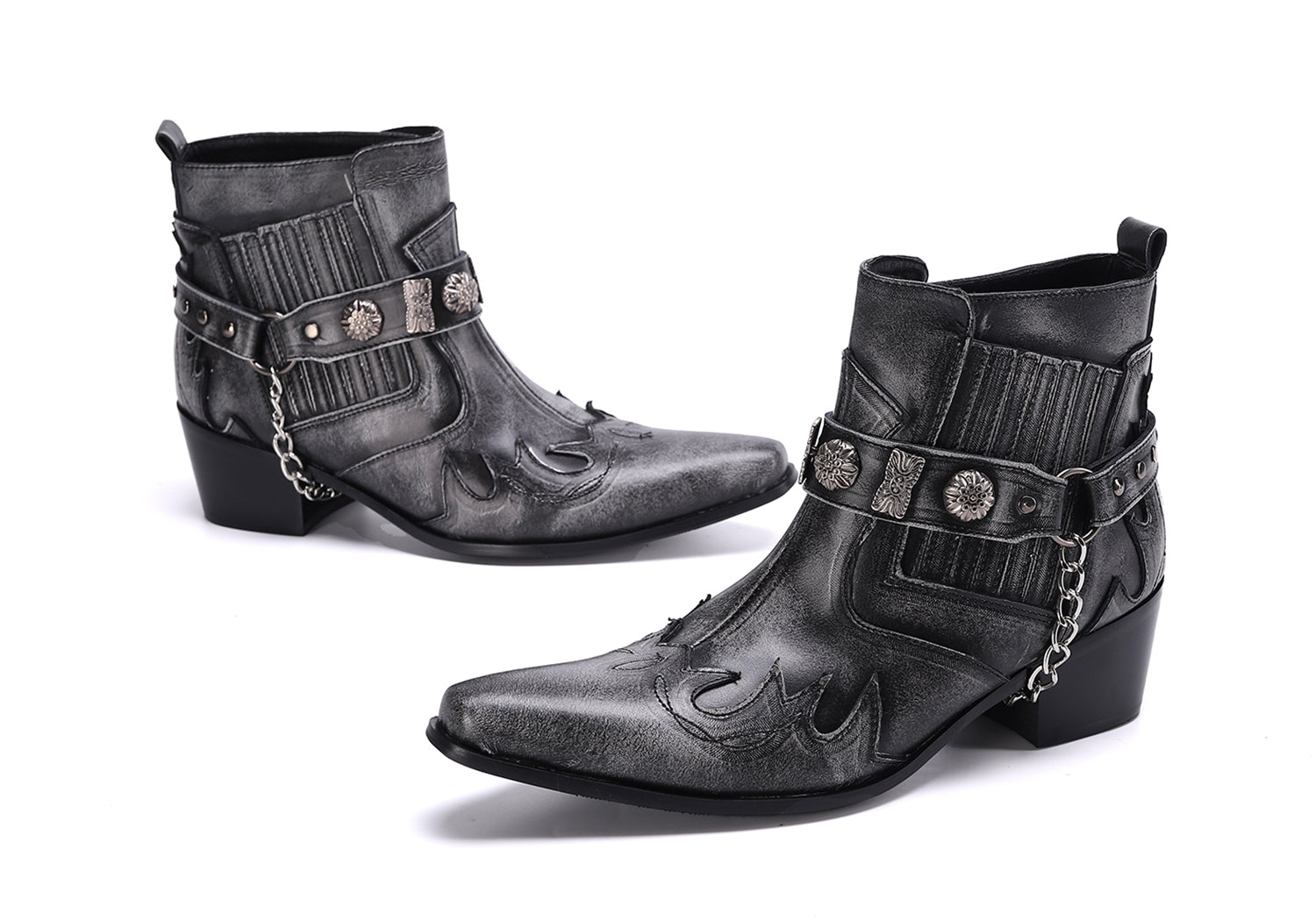 Men's Western Boots Pointed Toe Buckle Belt Chain