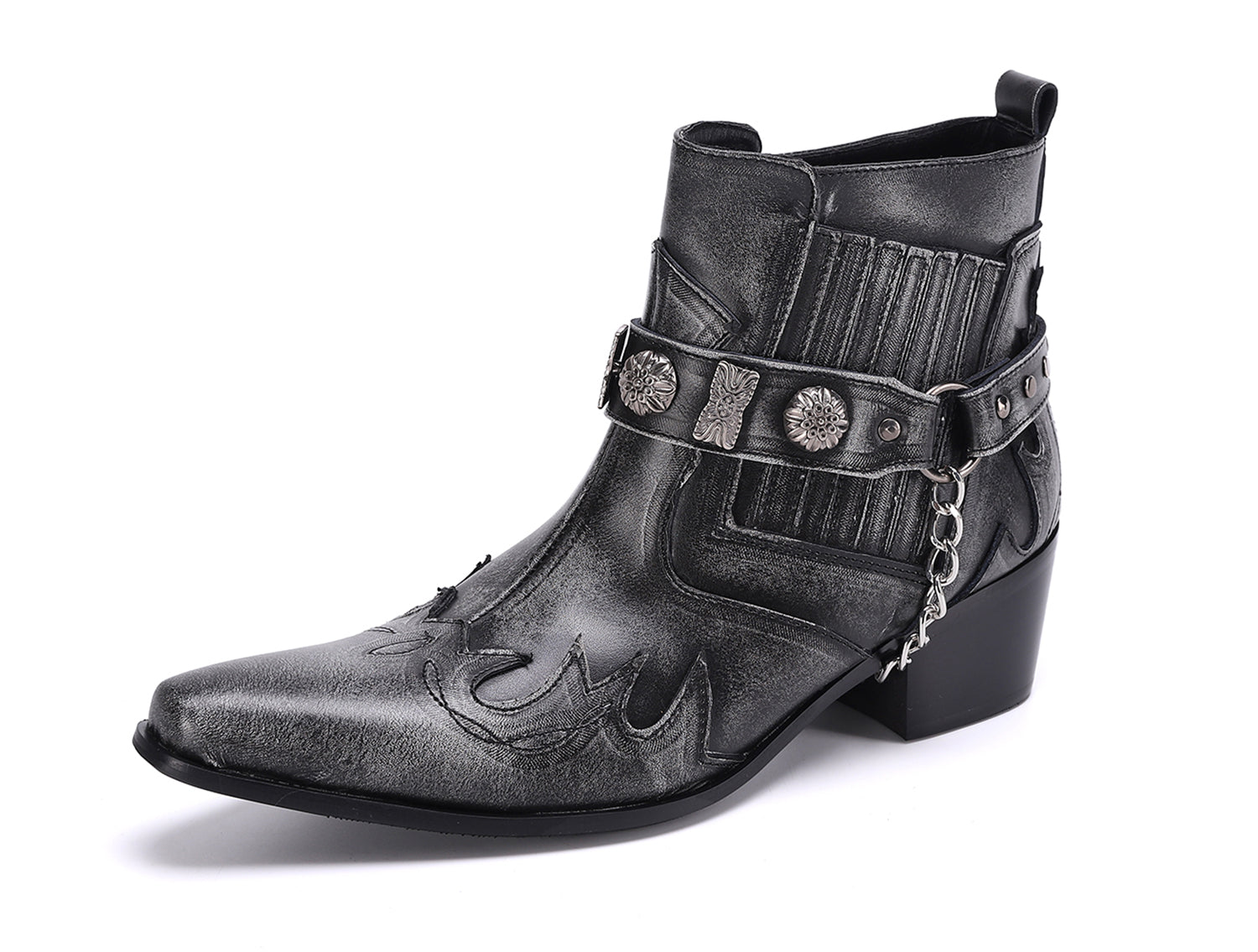 Men's Western Boots Pointed Toe Buckle Belt Chain