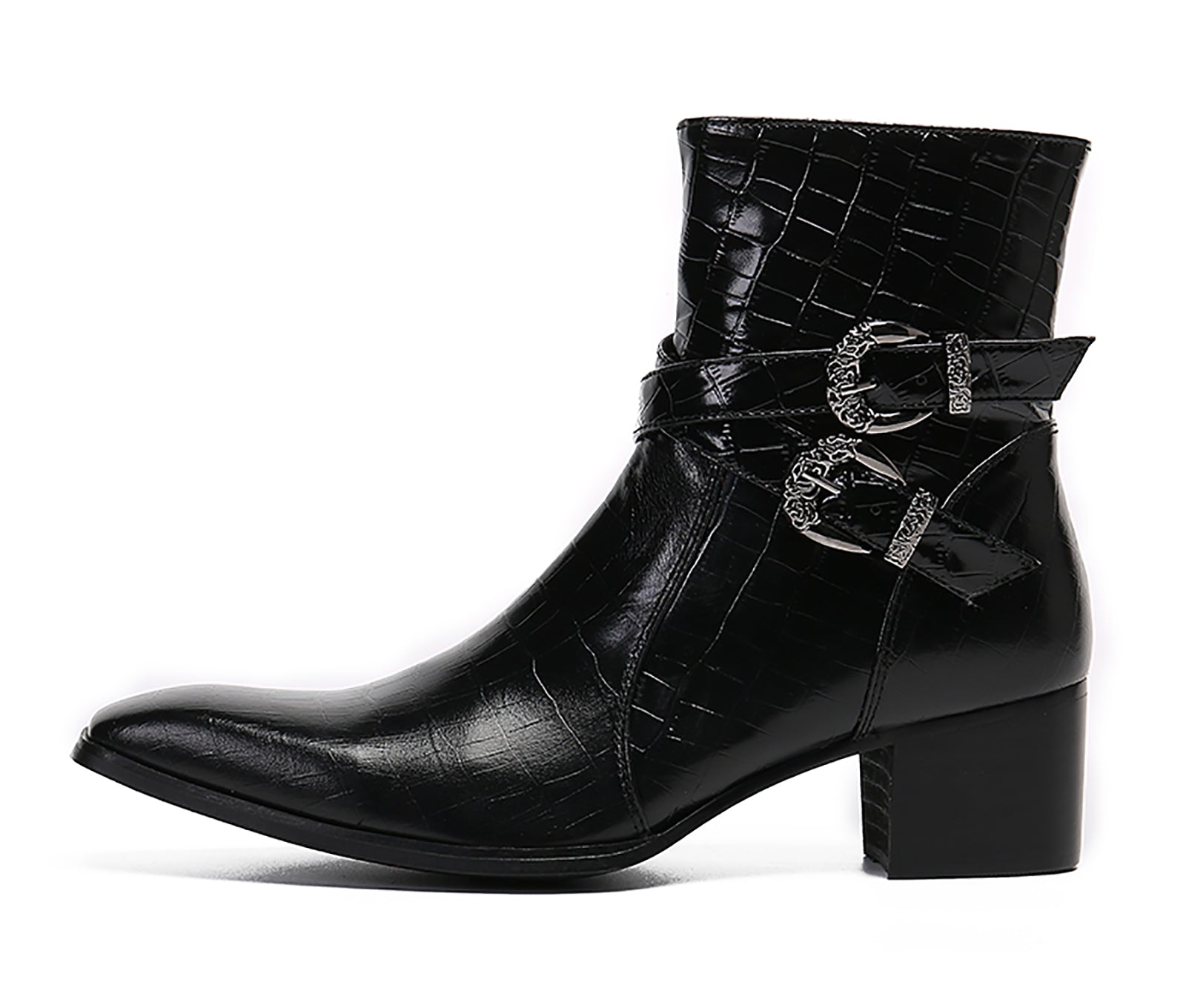 Men's Double Buckle Western Boots Plain Toe Zipper