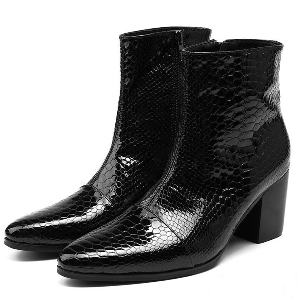 Men's Zipper Patent Leather Plaid Western Boots