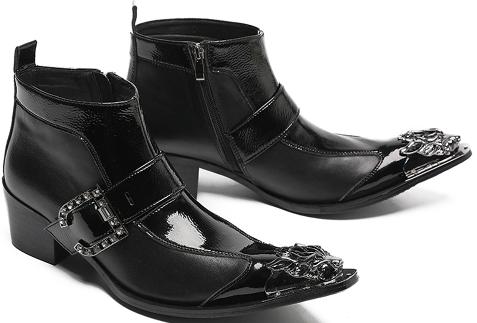 Men's Buckle Metal Tip Patent Leather Western Boots