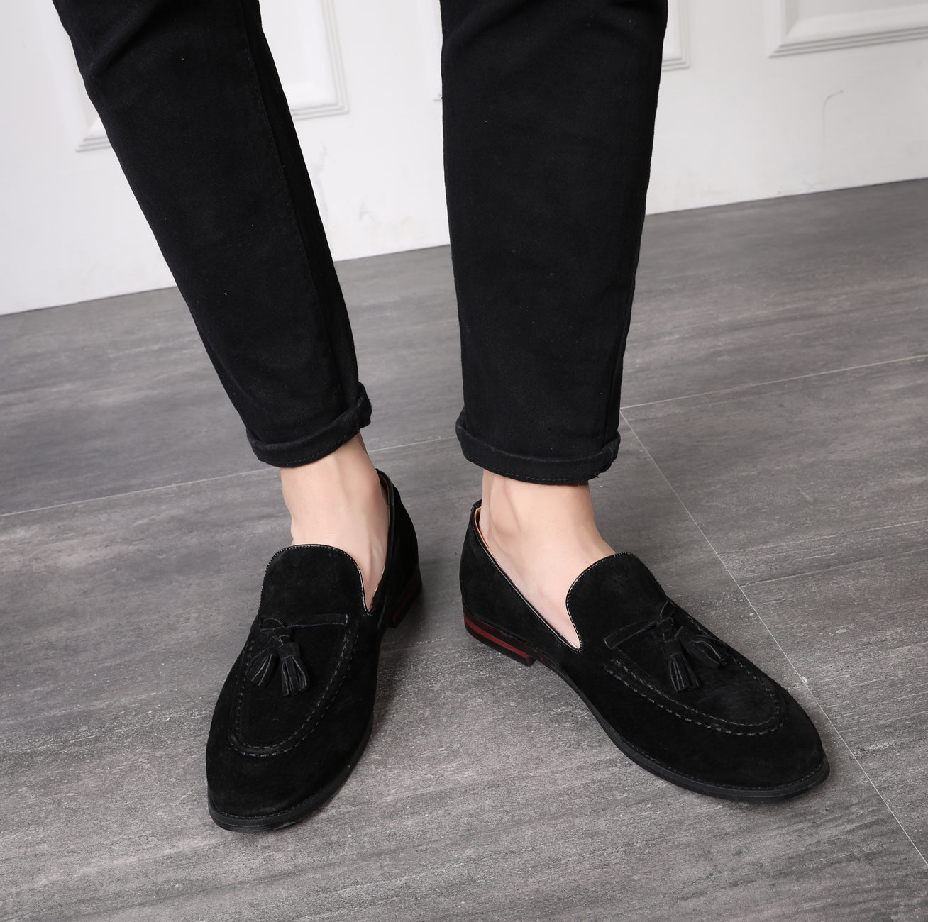 Men's Tassel Loafers Suede Flats Black Brown Tan