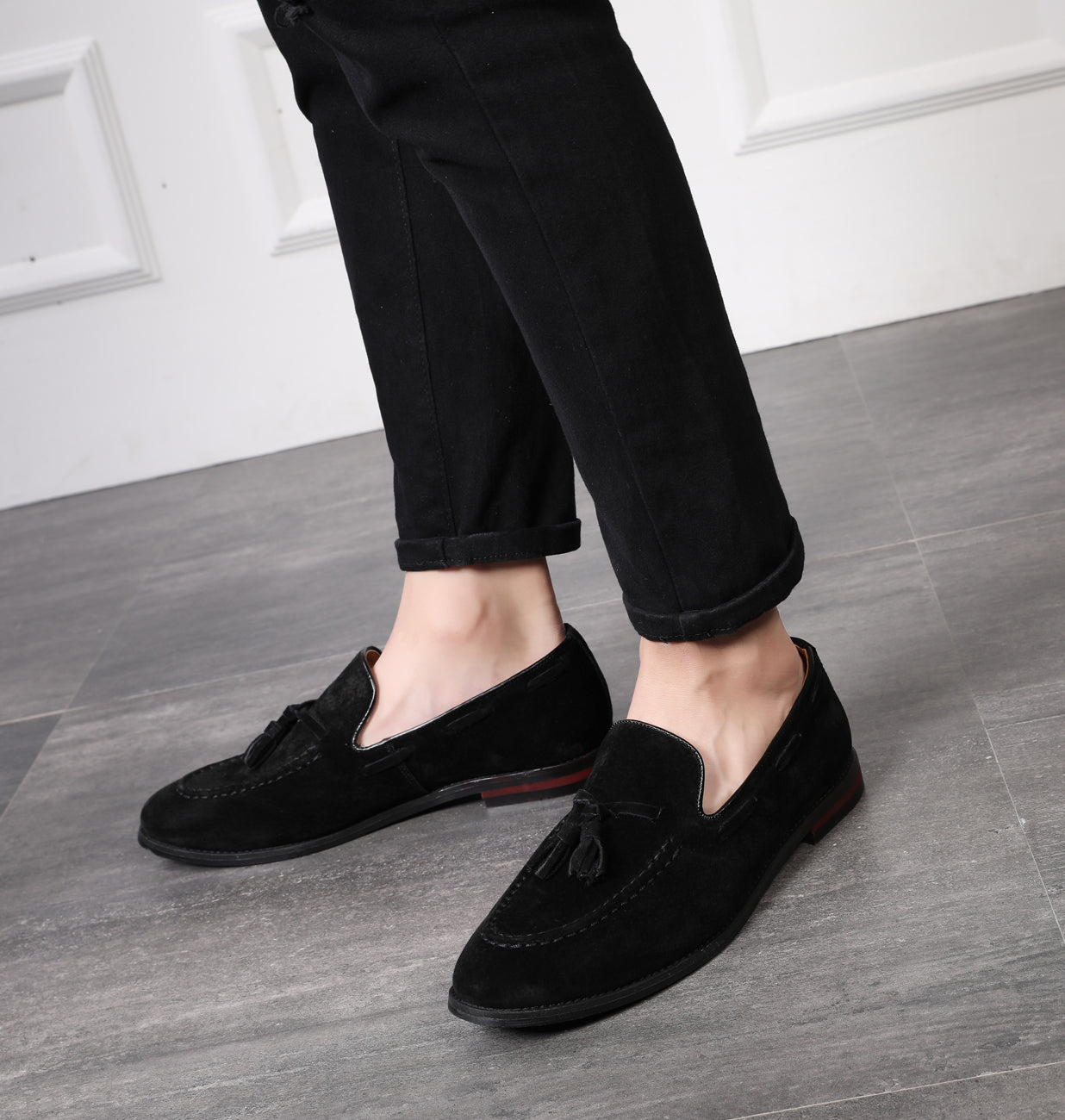 Men's Tassel Loafers Suede Flats Black Brown Tan