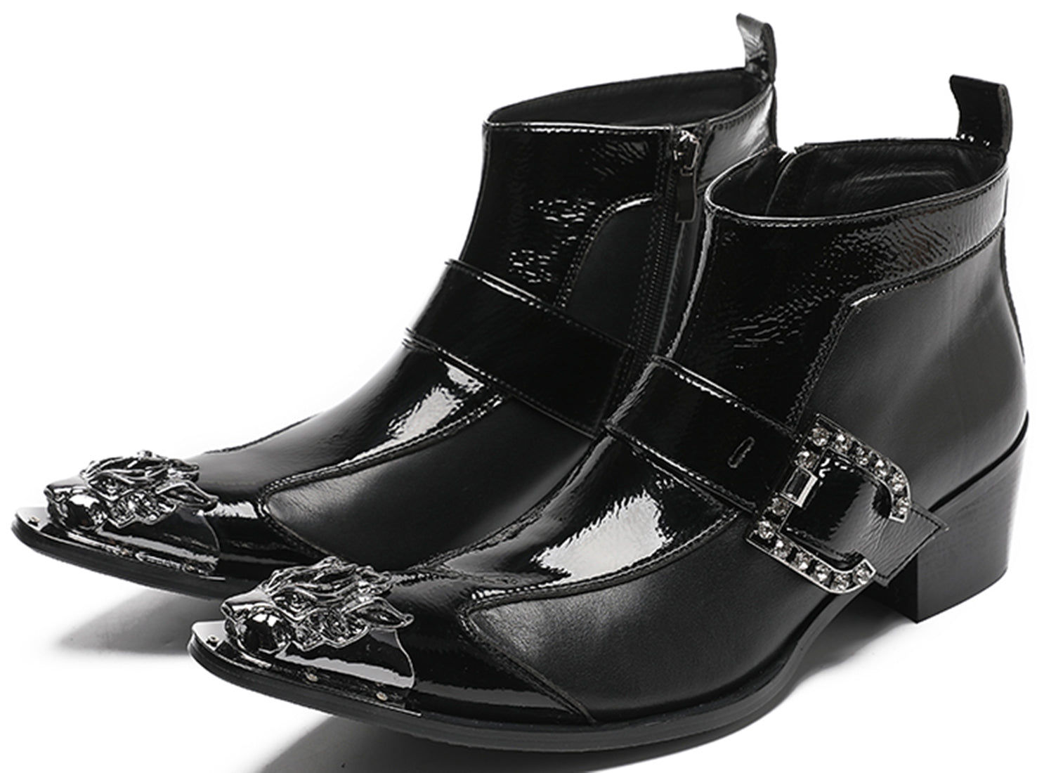 Men's Buckle Metal Tip Patent Leather Western Boots