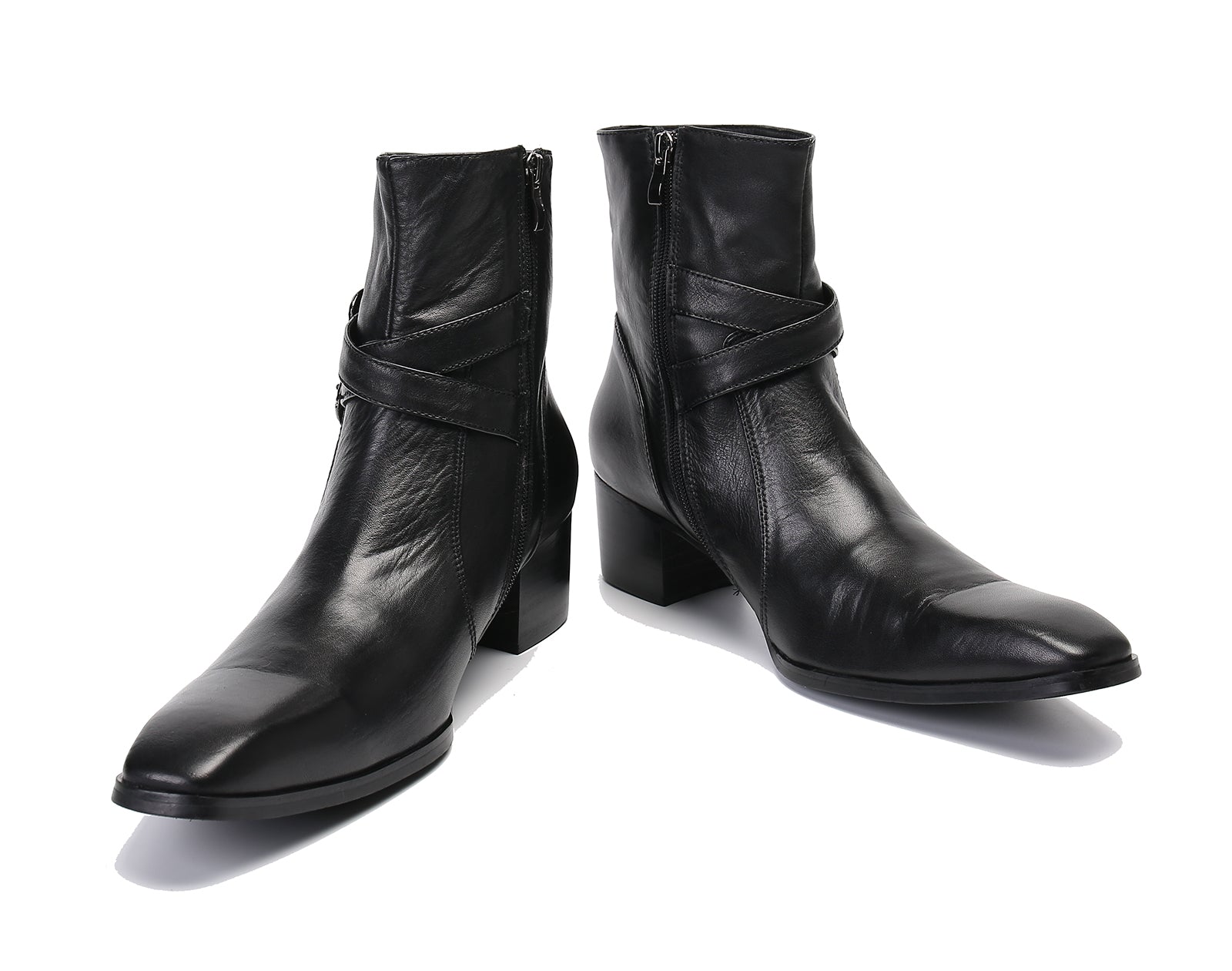 Men's Double Buckle Western Boots Plain Toe Zipper