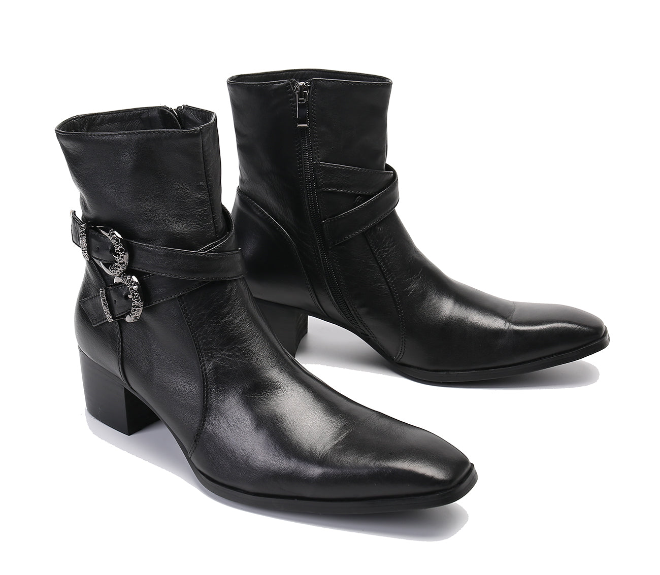 Men's Double Buckle Western Boots Plain Toe Zipper