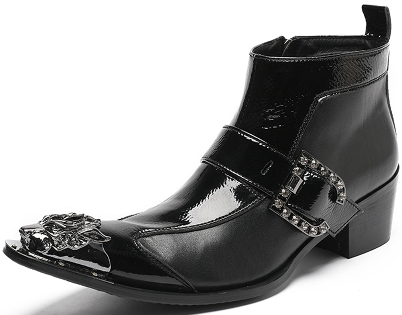 Men's Buckle Metal Tip Patent Leather Western Boots