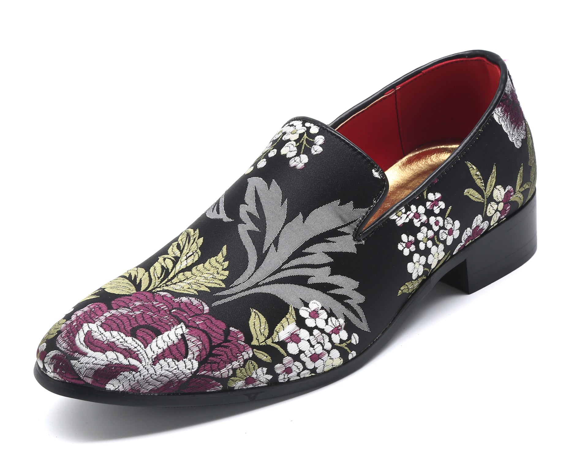 Mocasines fumadores florales para hombre Negro Rojo 