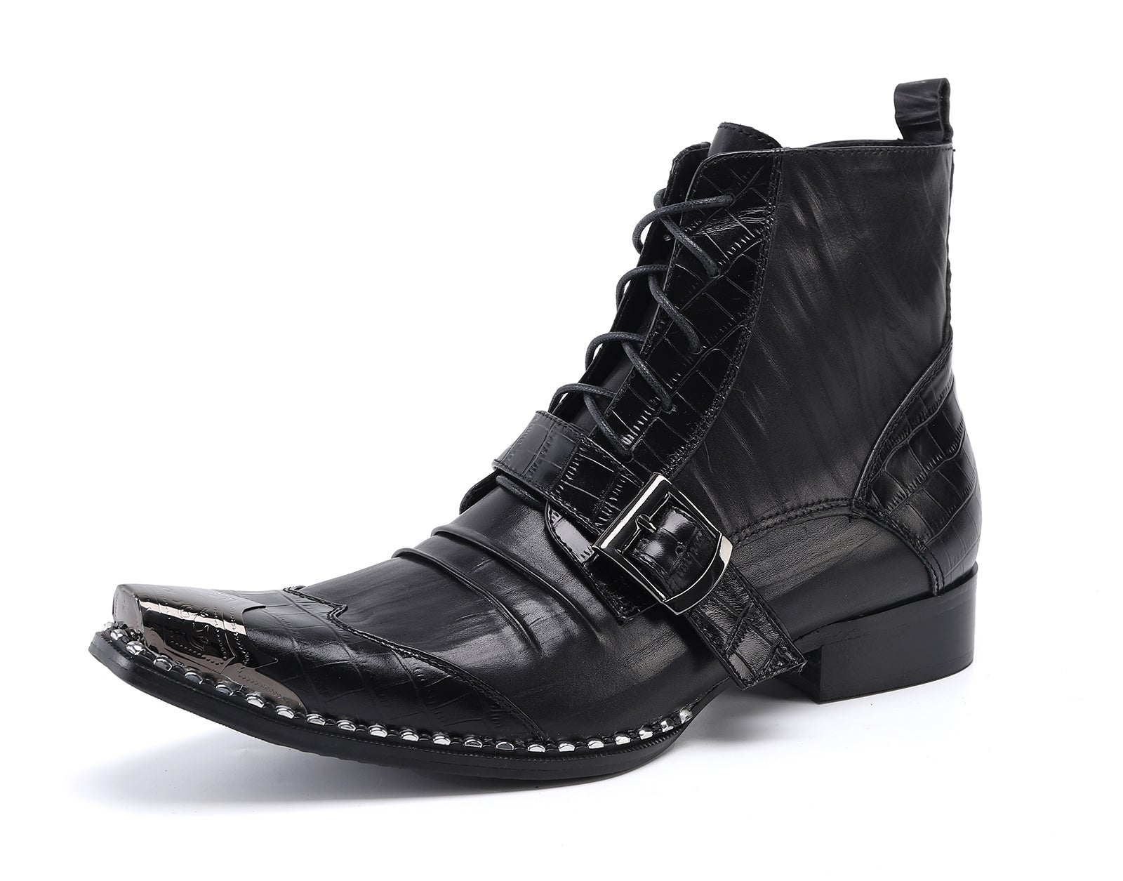 Men's Buckle Square Metal Tip Western Boots