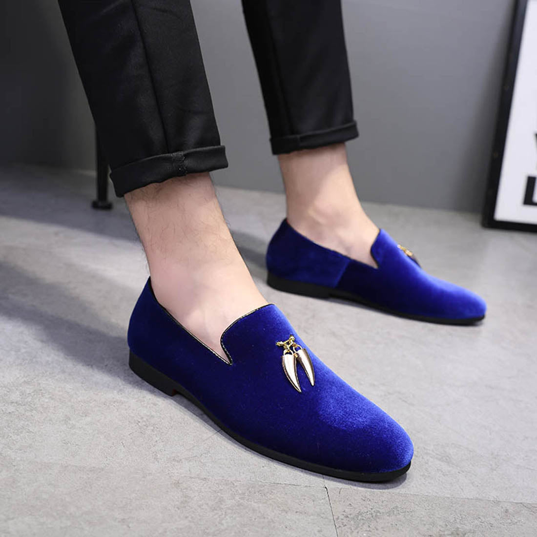 Men's Velvet Smoking Loafers Black Blue Red