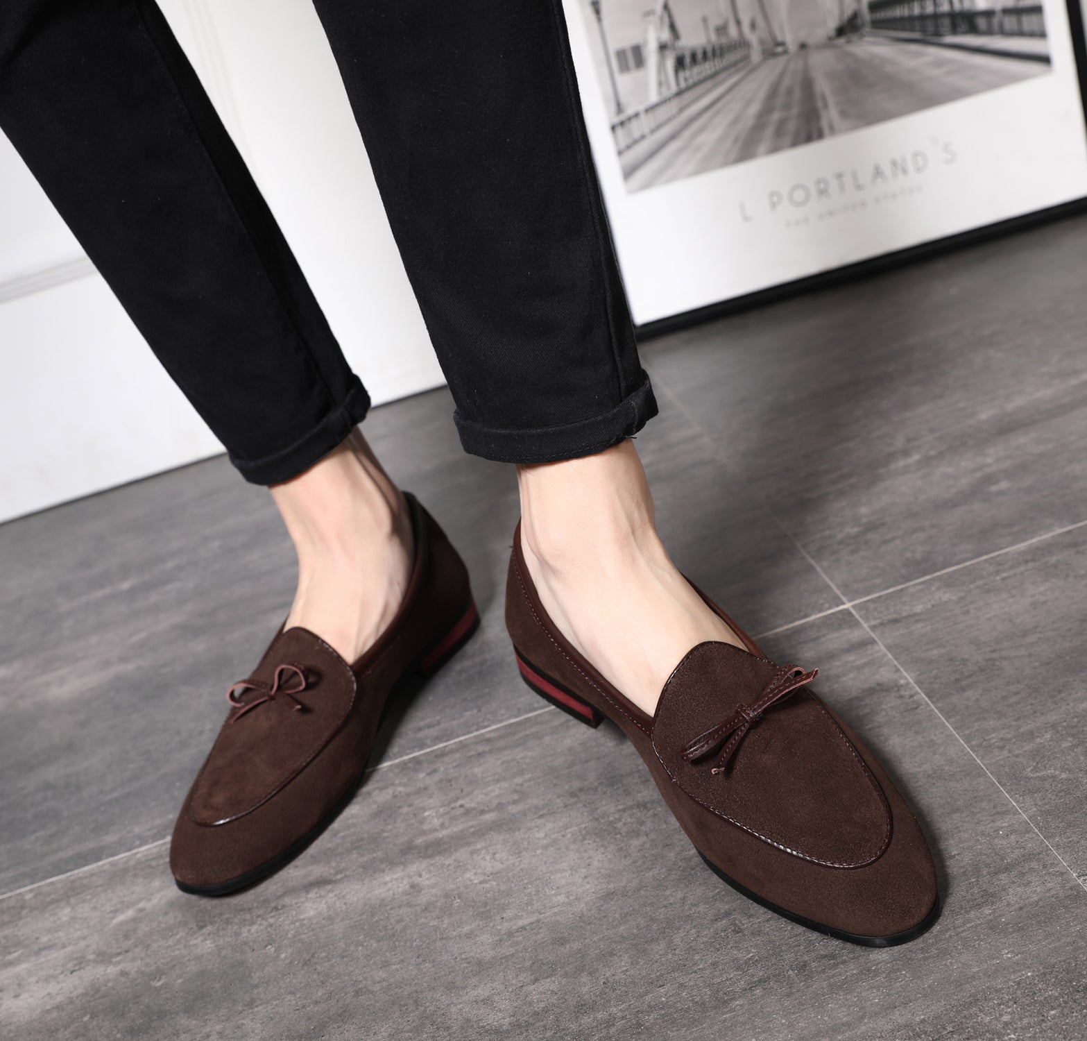 Men's Suede Bow Smoking Loafers Black Brown Tan