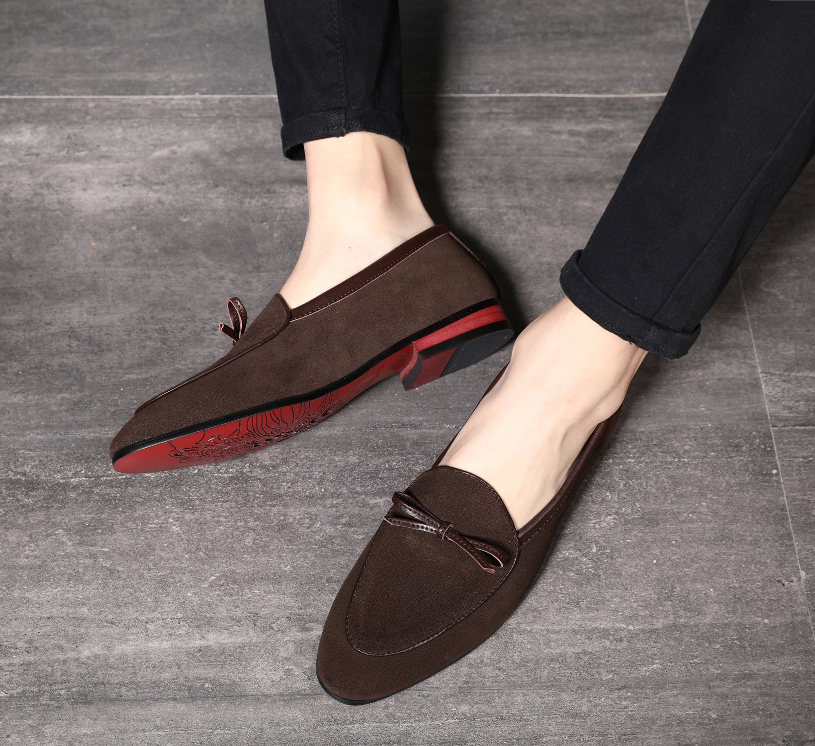 Men's Suede Bow Smoking Loafers Black Brown Tan