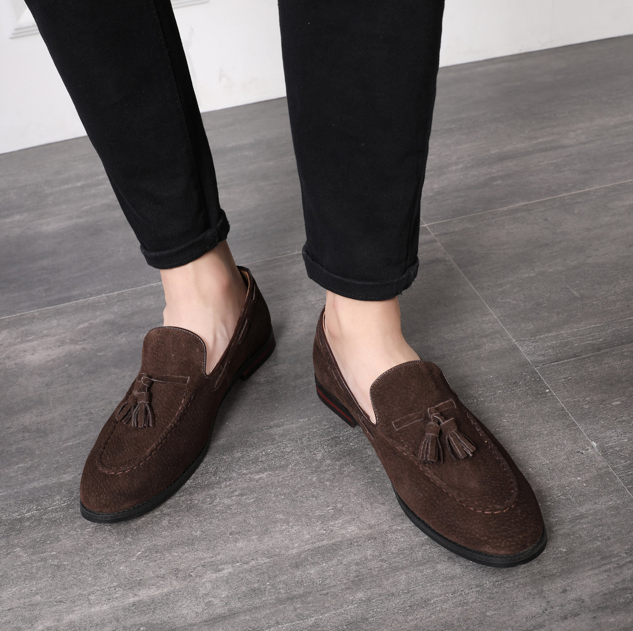 Men's Tassel Loafers Suede Flats Black Brown Tan