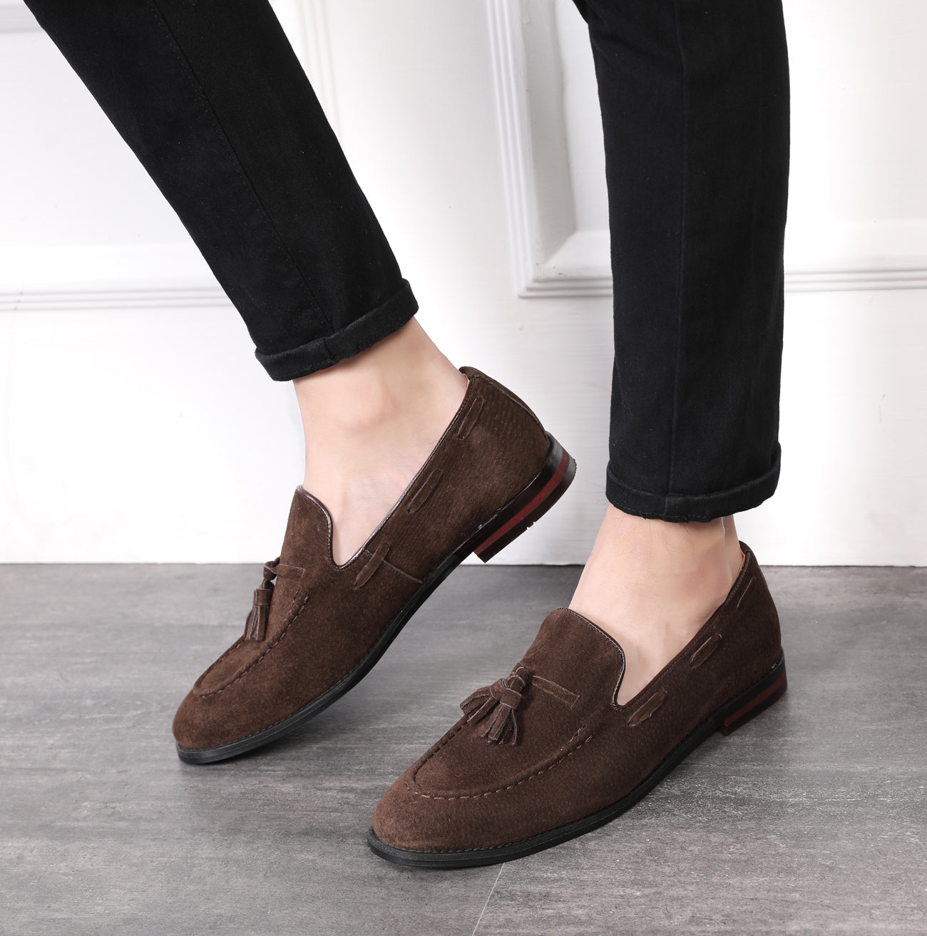 Men's Tassel Loafers Suede Flats Black Brown Tan