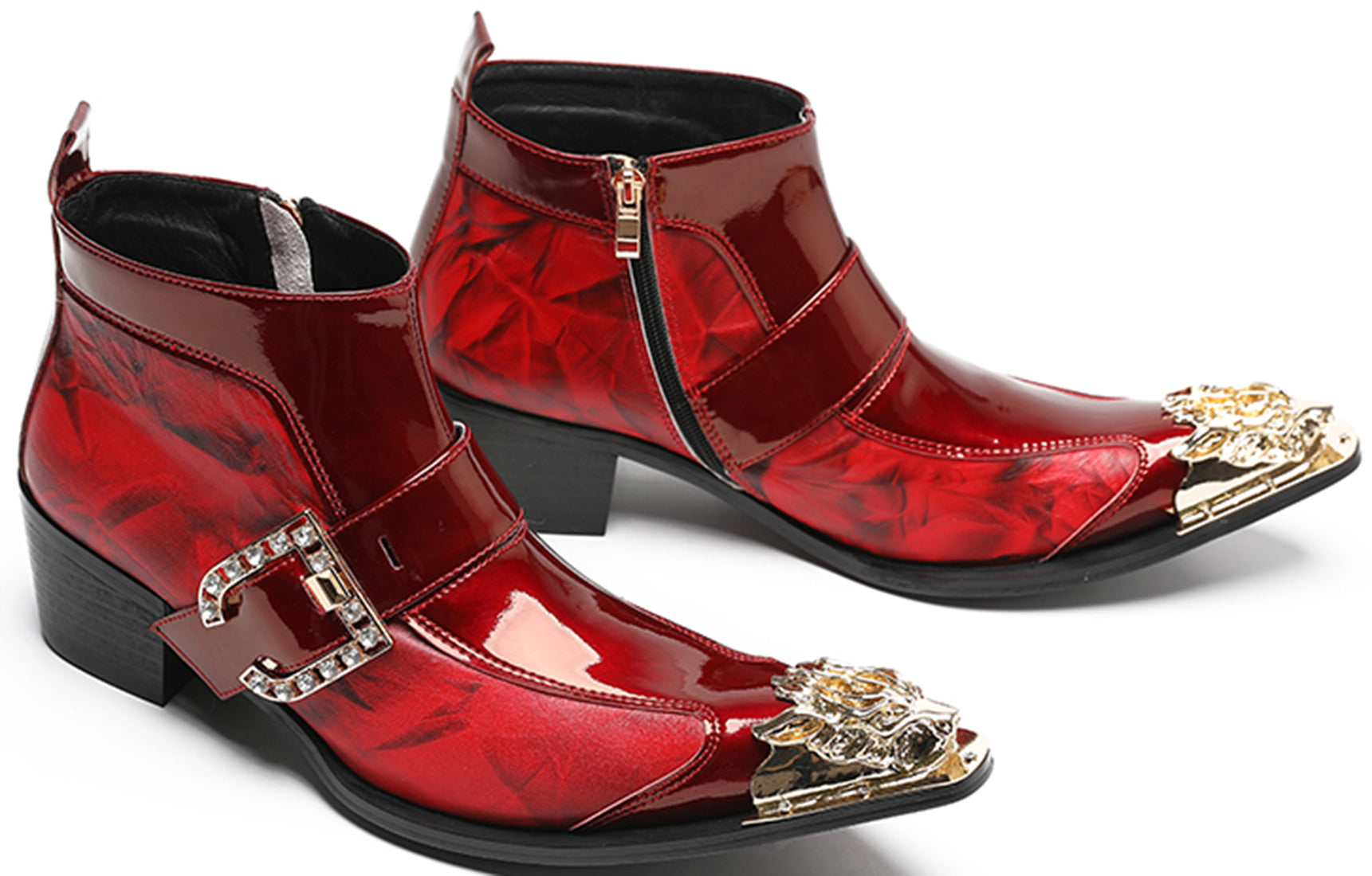 Men's Buckle Metal Tip Patent Leather Western Boots