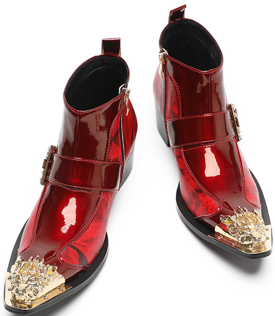 Men's Buckle Metal Tip Patent Leather Western Boots