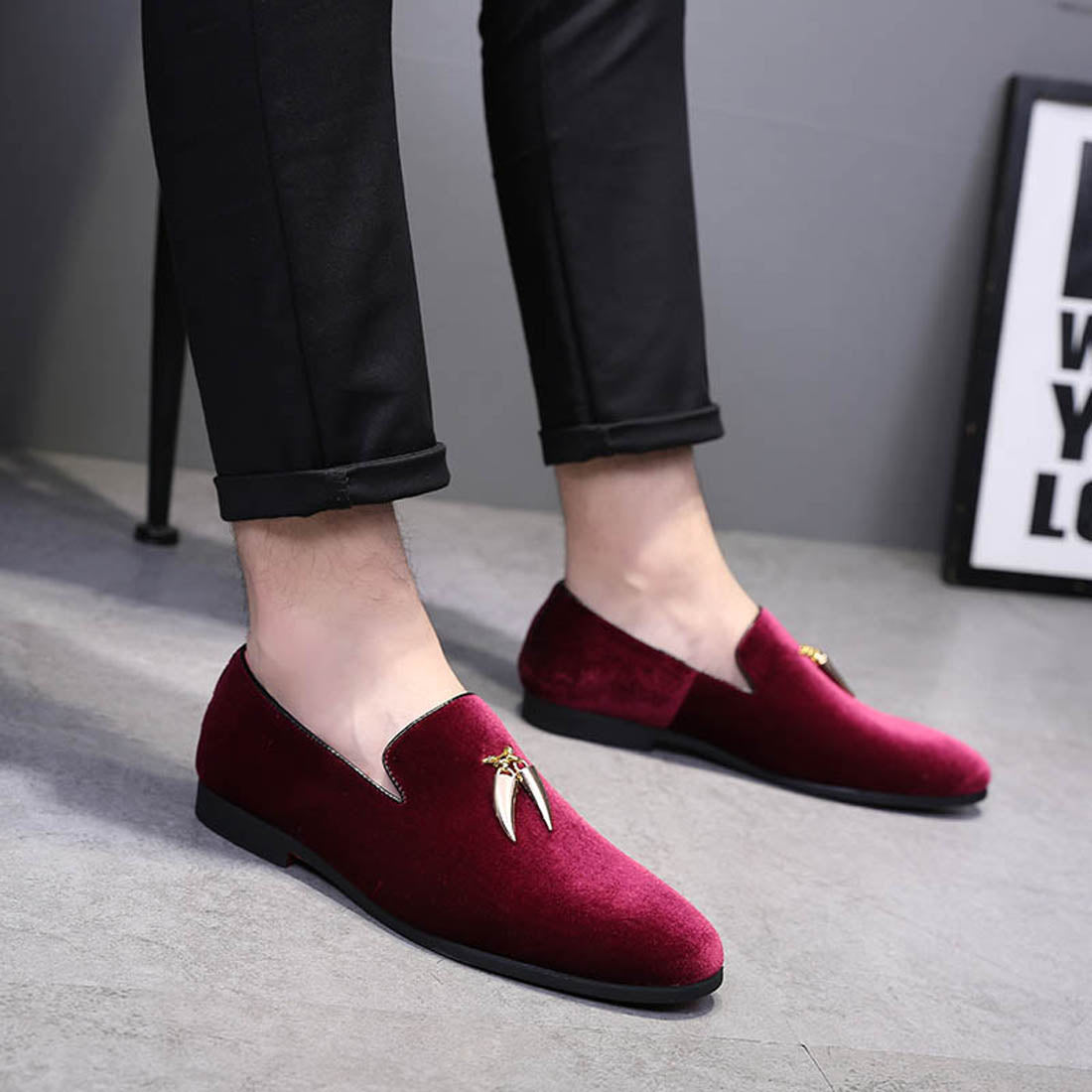 Men's Velvet Smoking Loafers Black Blue Red