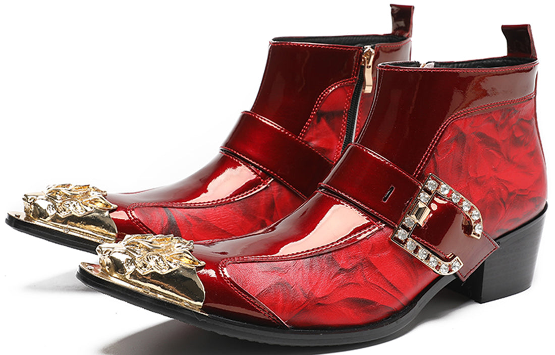 Men's Buckle Metal Tip Patent Leather Western Boots