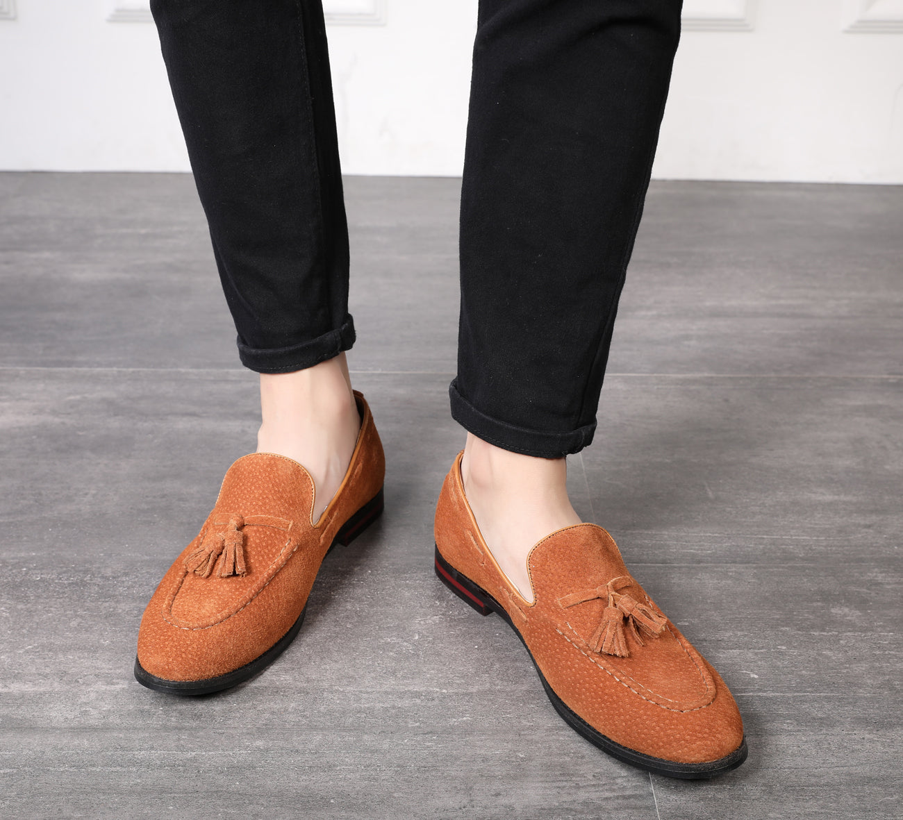 Men's Tassel Loafers Suede Flats Black Brown Tan