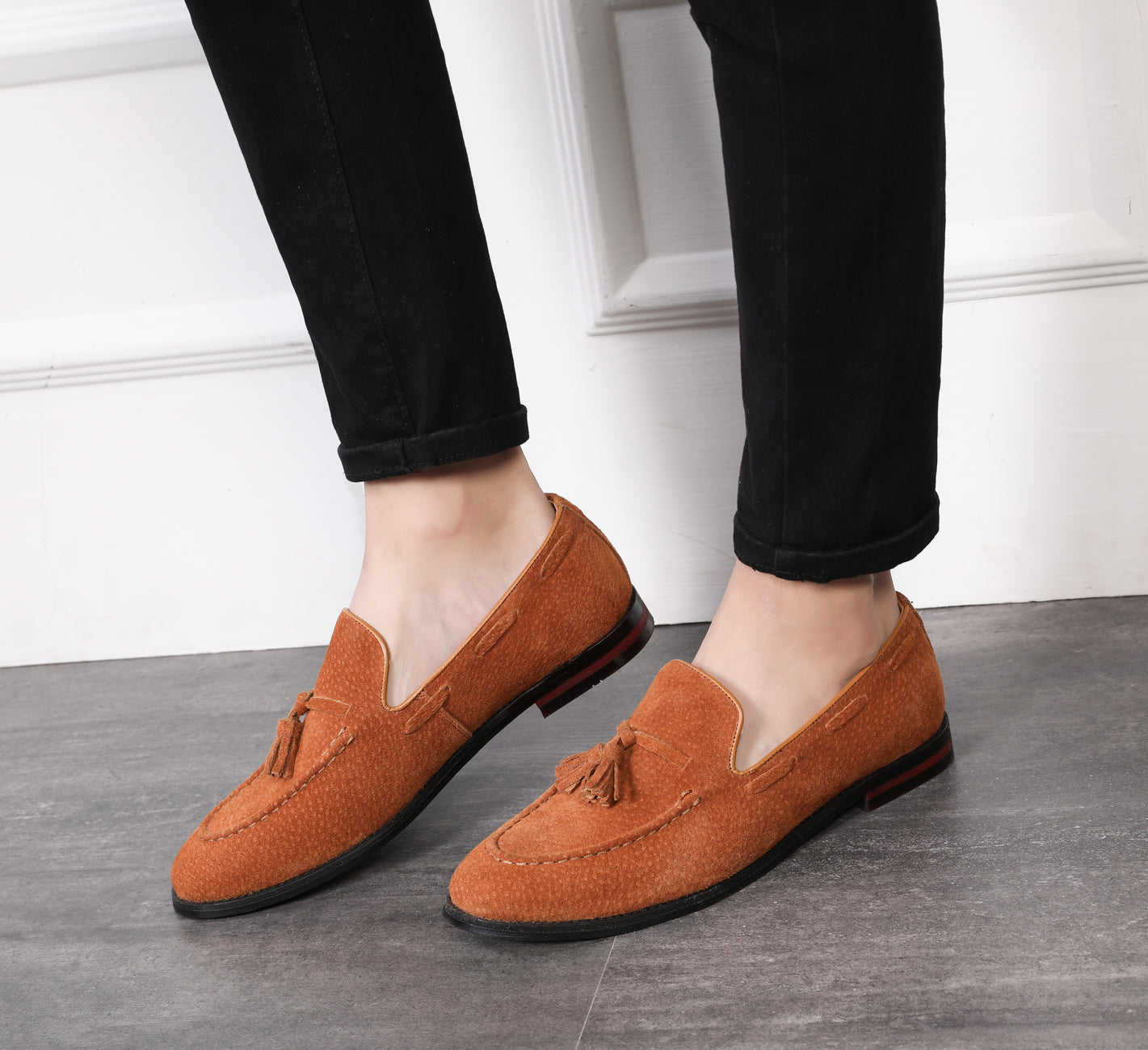 Men's Tassel Loafers Suede Flats Black Brown Tan