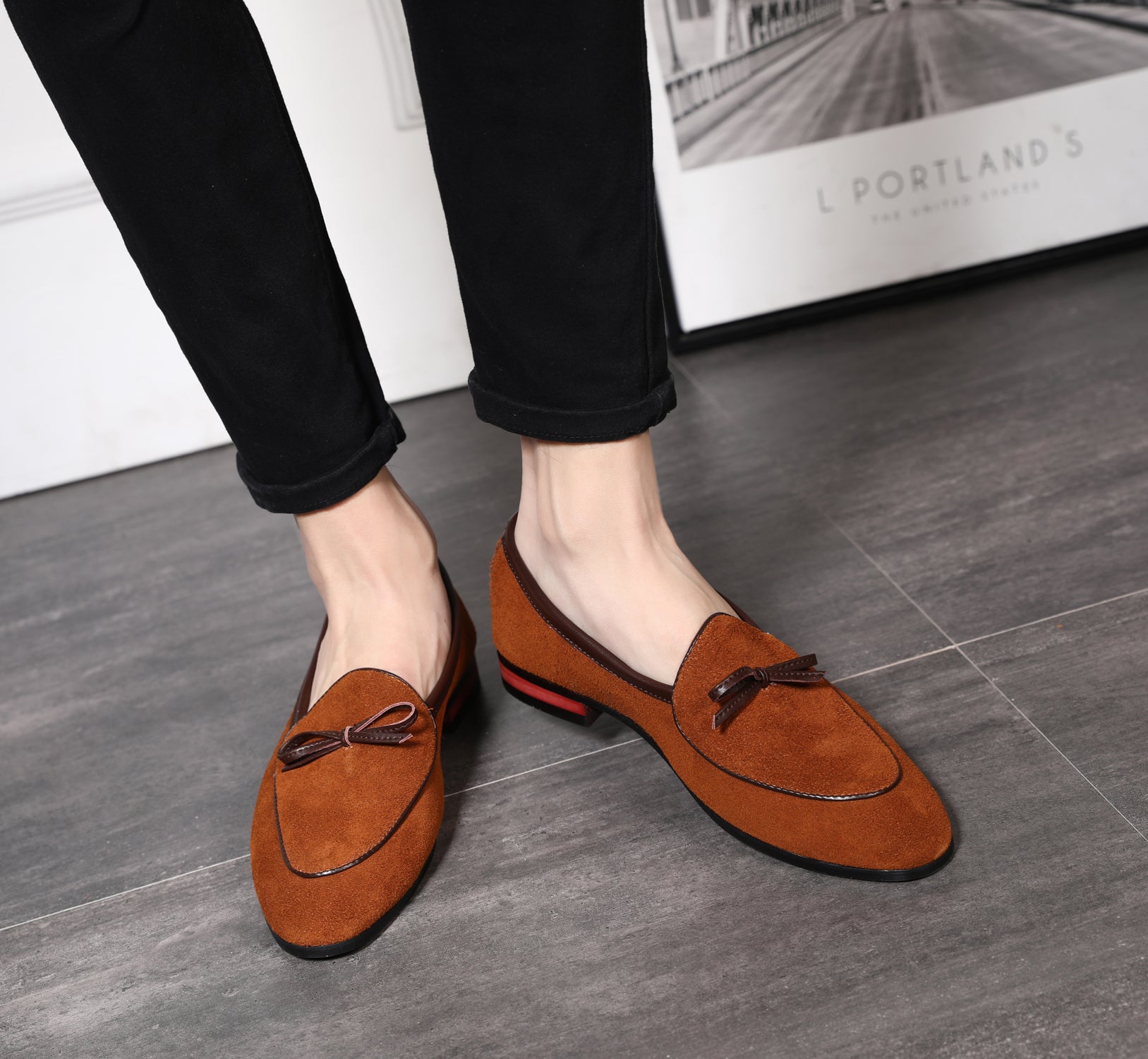 Men's Suede Bow Smoking Loafers Black Brown Tan